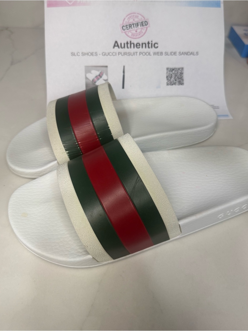 Authentic Gucci Pursuit Web Slides Women 11 White COA Men 9.5